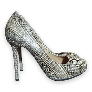 L.A.M.B. Prissy 8 M Tan Snake Print Leather Round Toe 5" Stiletto High Heels